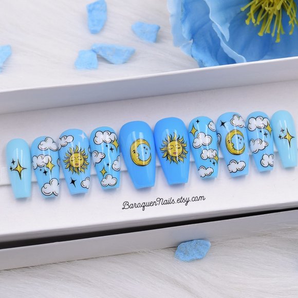 Sun And Moon Tarot Nails Blue Ombre Fake Nails - Picture 3 of 3